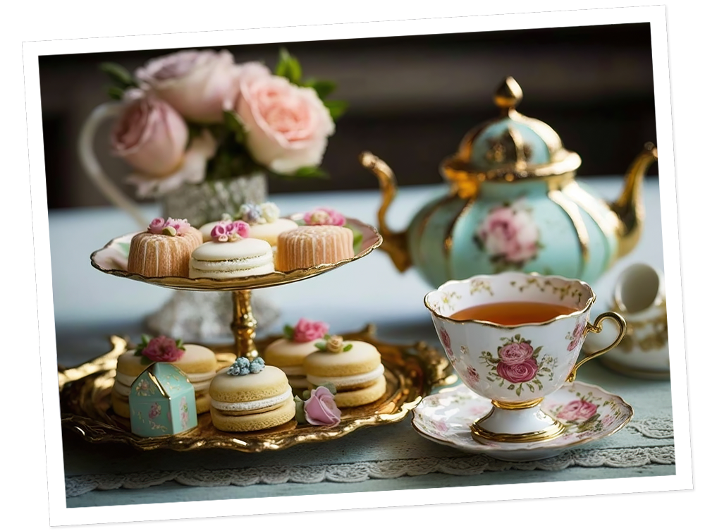 tea Two tier serving platform with high tea treats, and a Georgian era cup of tea and teapot