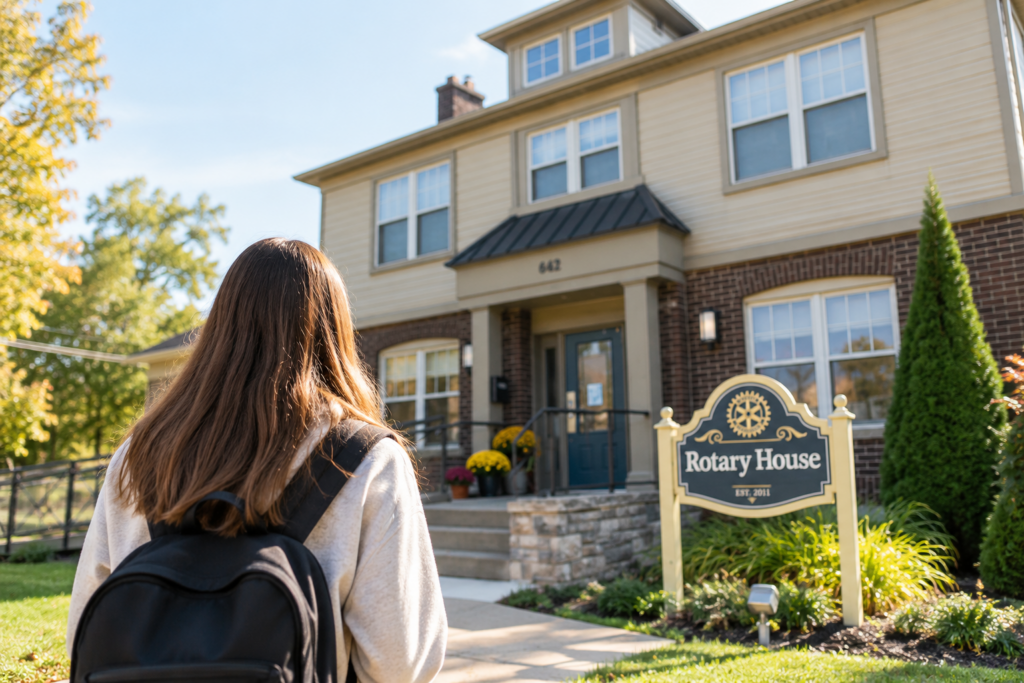A girl looks at the Pathstone Rotary House.